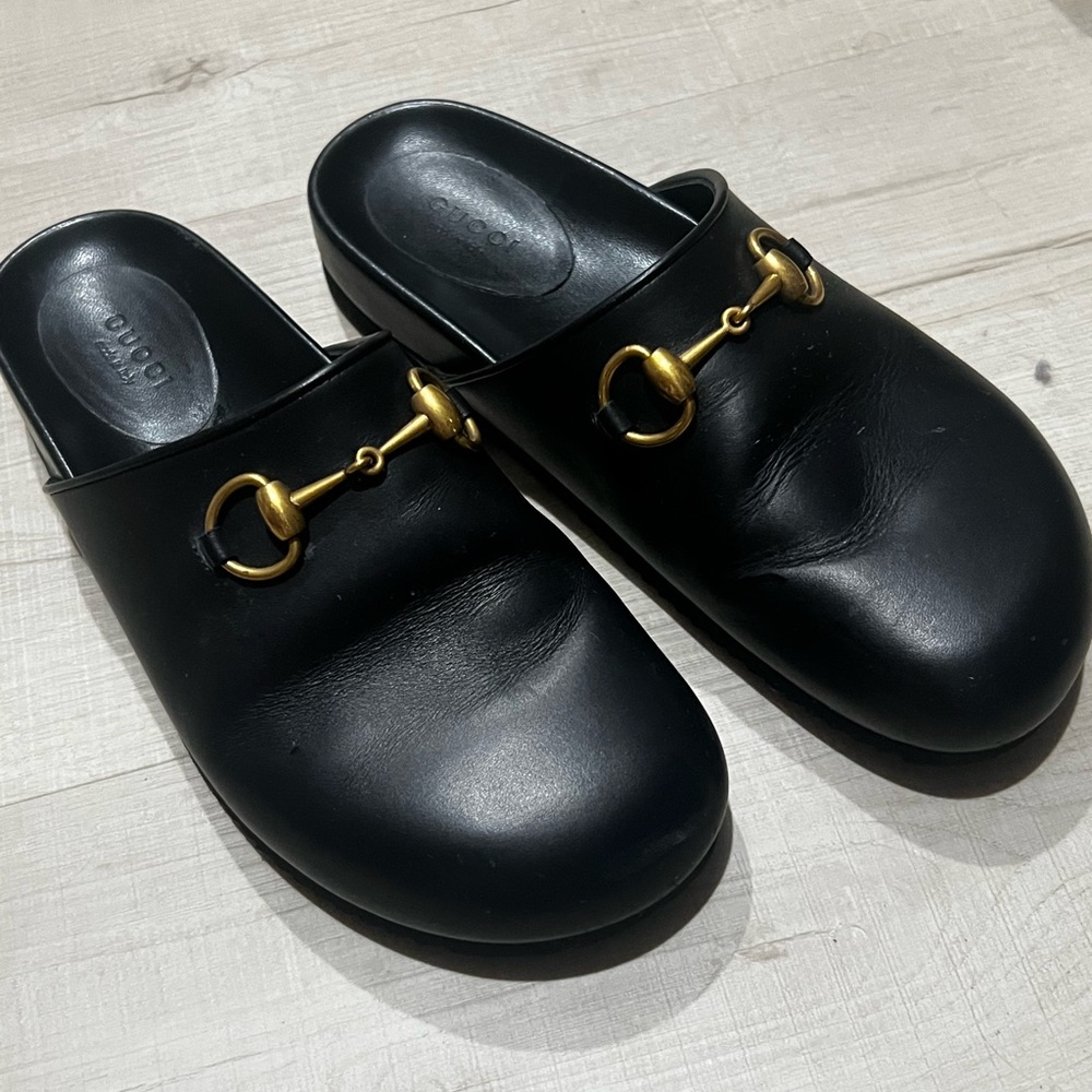 Gucci Black Mules with Gold Hardware